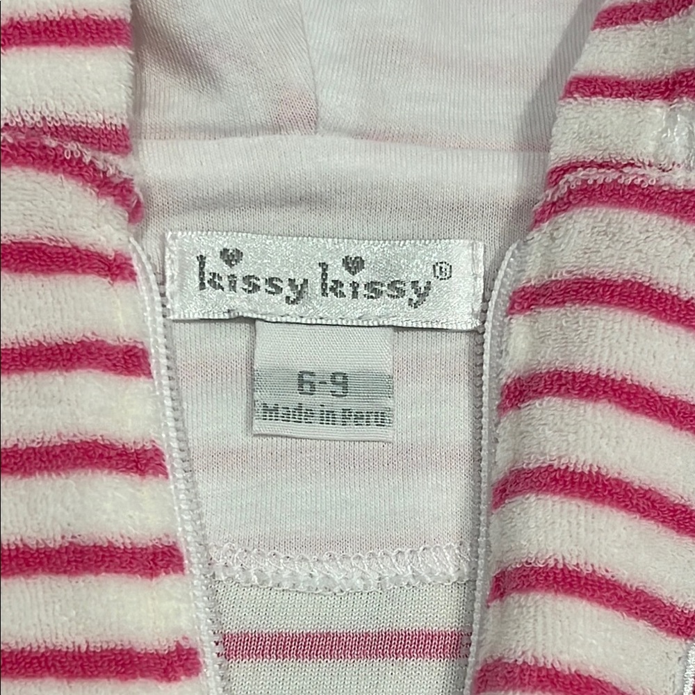 Baby KISSY KISSY Pink and White Striped Hooded Romper 100% pima cotton NWOT 6-9 - Picture 2 of 5